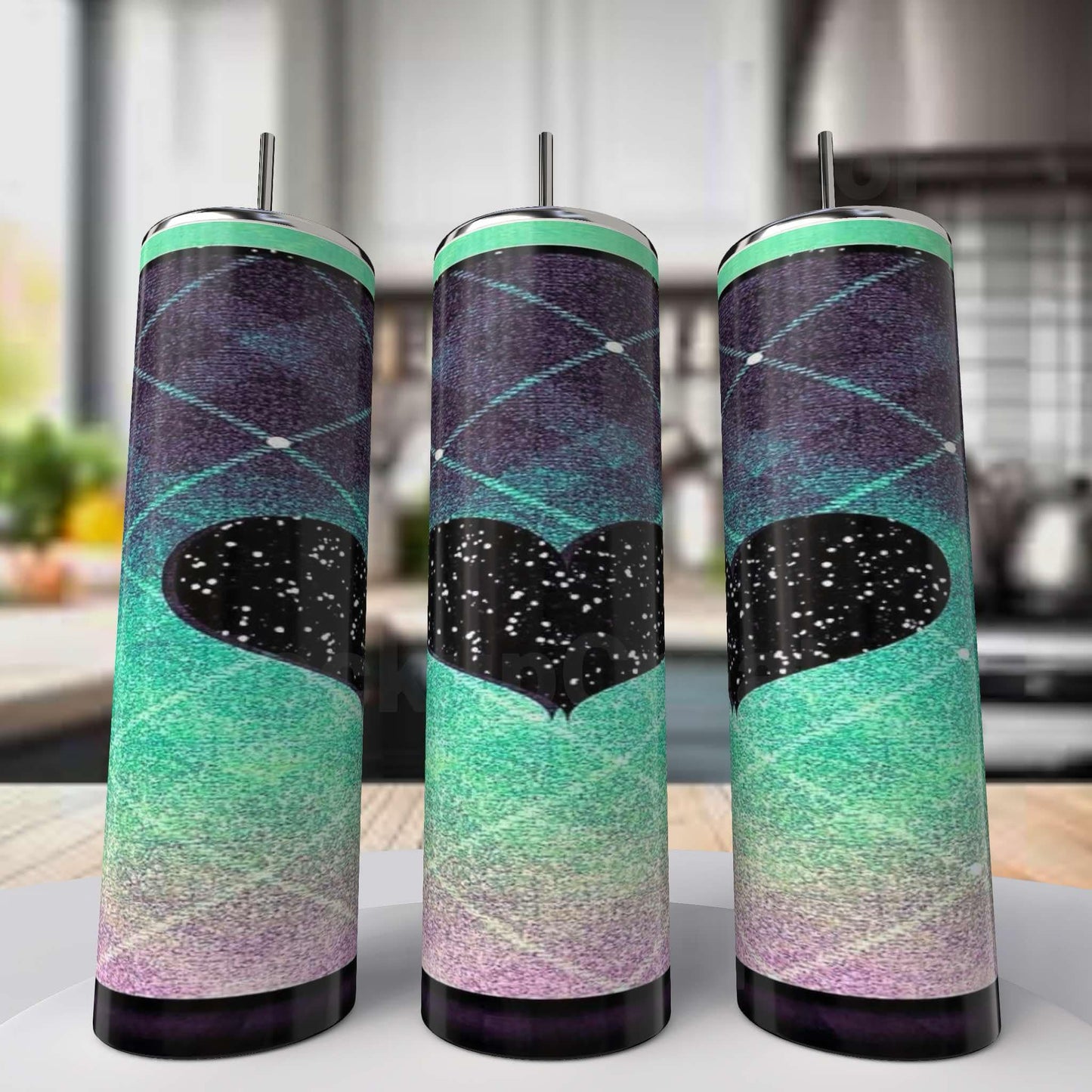 Teal Glitter Heart Tumbler