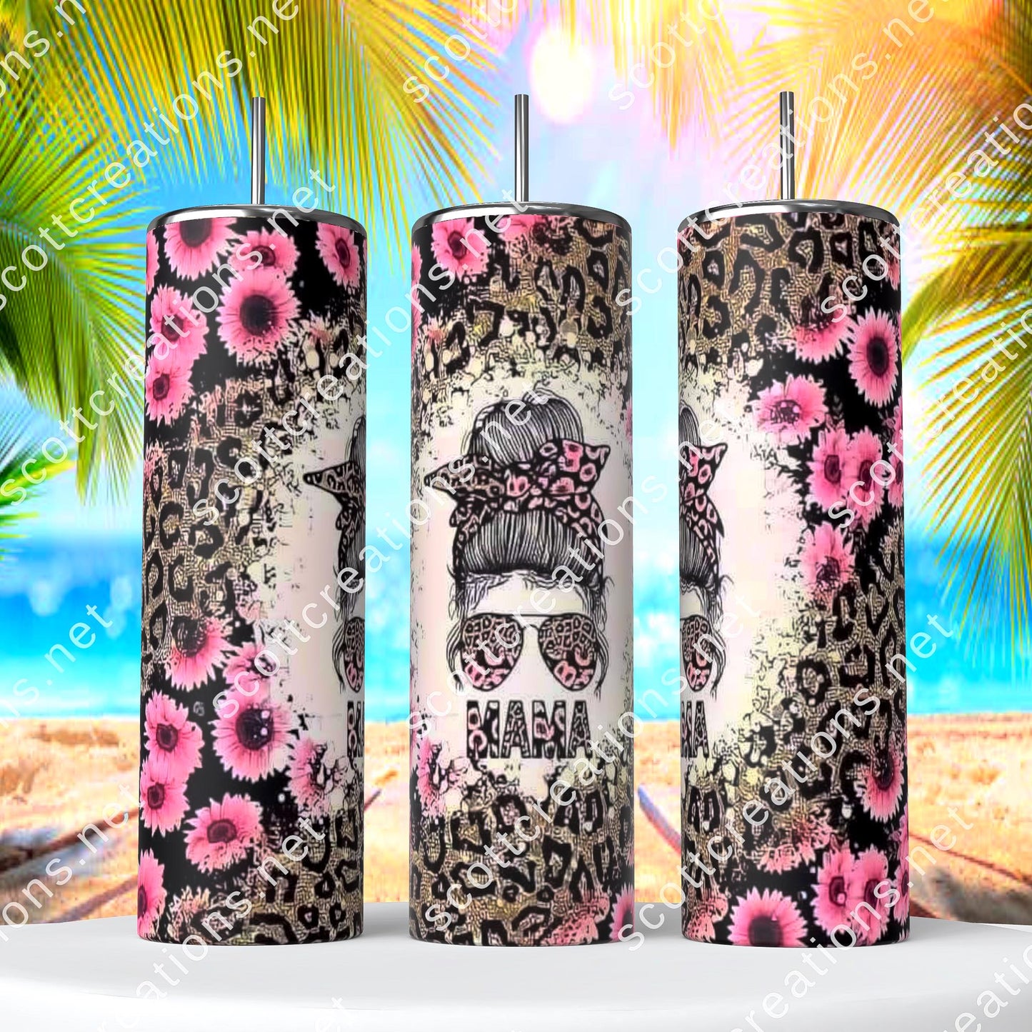 Mama Messy Bun Flower Leopard Tumbler